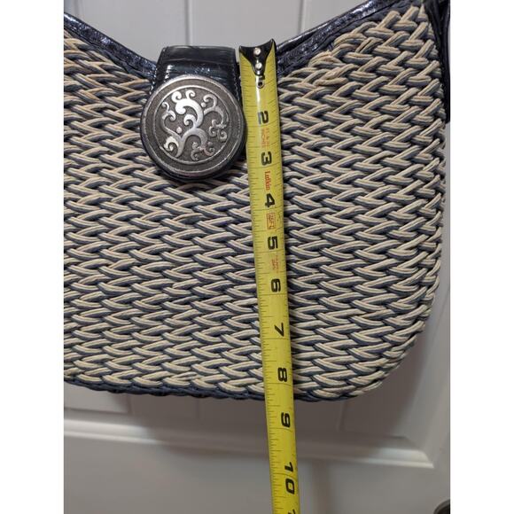 Brighton Natural Wicker Woven Purse Handbag Tote Beige Navy Blue - Picture 9 of 12
